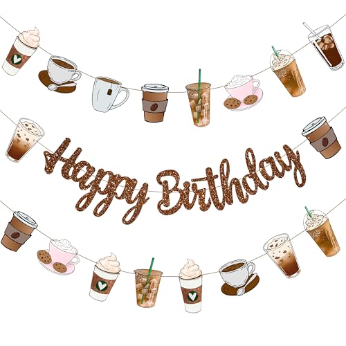 Coffee Lover Happy Birthday Banner Brown Glitter Coffee Cup Happy Birthday Garland for Espresso Martini Part Party Supplies