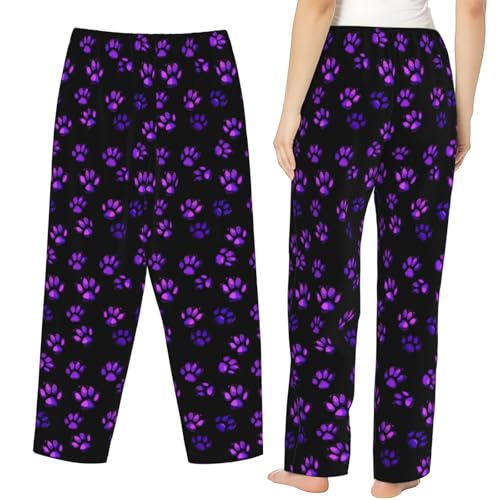 YSBKN Calças de pijama femininas com bolsos e cordão para dormir, Estampa de pata roxa, M