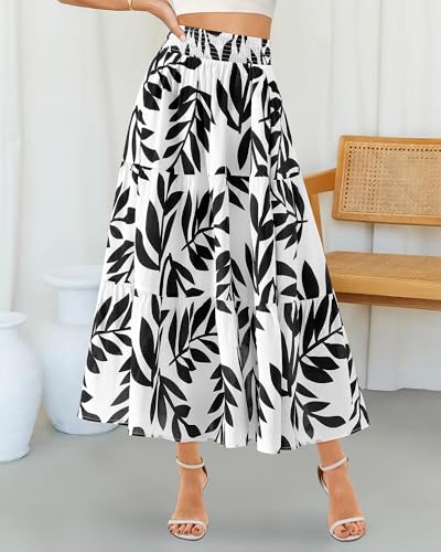 BTFBM Skirts for Women Summer 2026 Floral Print A Line Elastic High Waist Boho Maxi Skirt Spring Fashion Clothing Pocket(Leaf Black, Large) — view 2