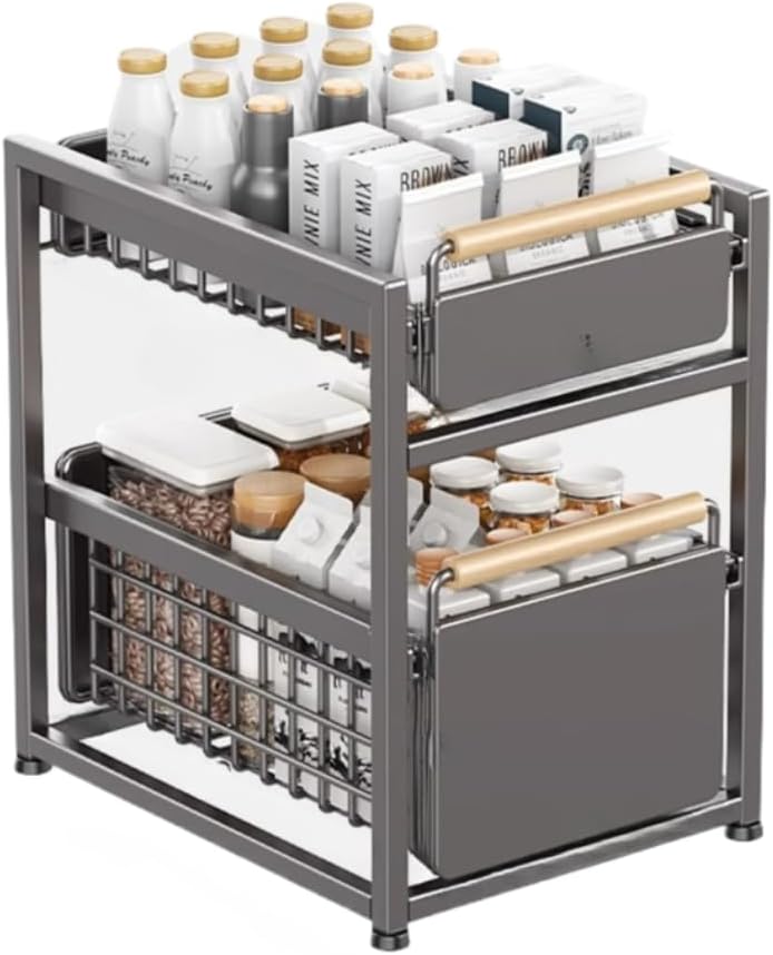 Fancyfly スライド引き出し収納、シンク下スライドアウト収納棚引き出し式ホームオーガナイザーキャビネット下収納 高耐久金属スラ