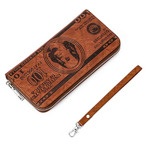 Slim Wallet for Men, OB OURBAG US $100 Dollar Bill Leather Long Card Holder Wallet Purse Brown, L