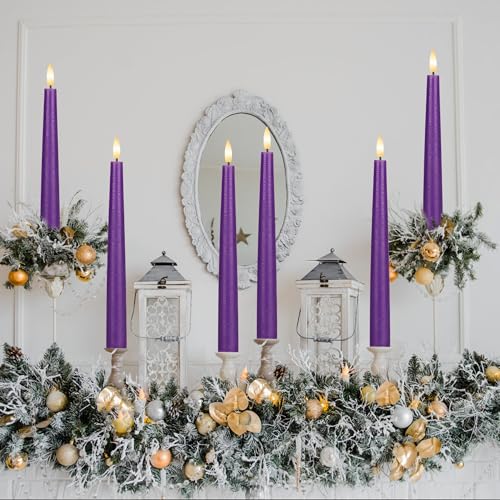 Image of Purple Flameless Taper Candles with 3D Wick, 9.6 inch Real Wax LED Candles with Remote, 3 Pack Flickering Candlesticks Battery Operated, Classic Tall Taper Candle for Home, Wedding, Party