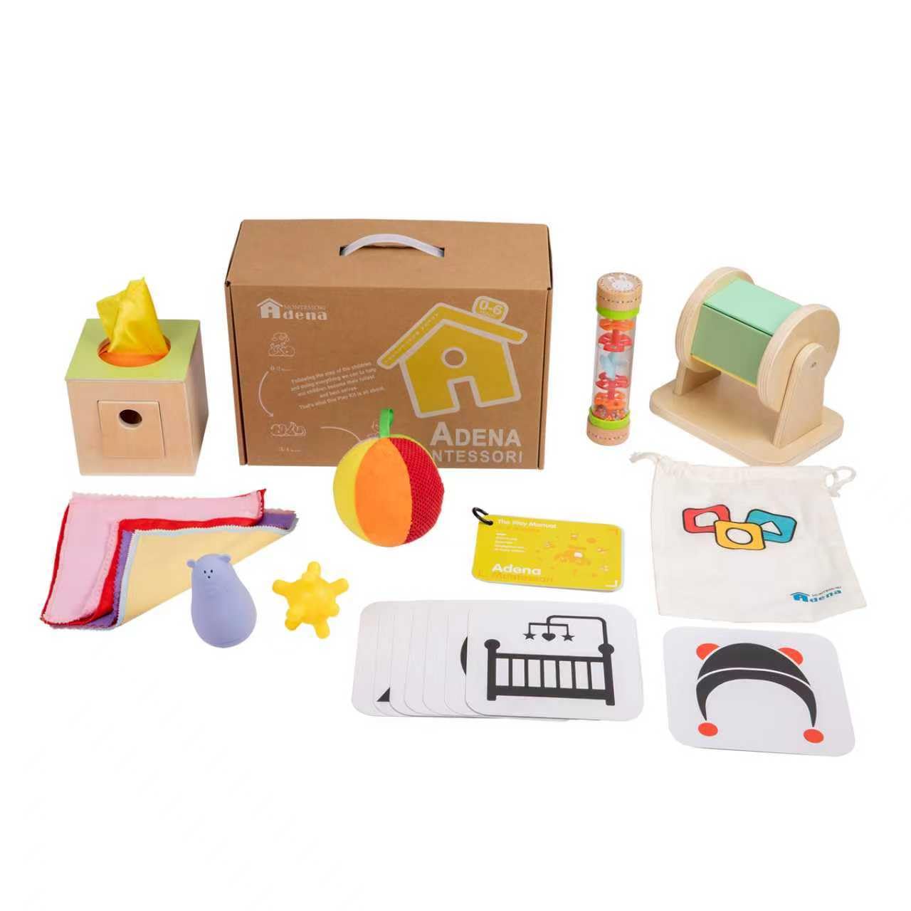 Adena Montessori Kit de Juego para bebés de 0 a 6 Meses, Kit de Aprendizaje 9 en 1 Que Incluye Tarjeta en Blanco y Negro, sonajero Rainmake de Lluvia, Bola sensorial, Tambores de Boca Abajo, Caja de