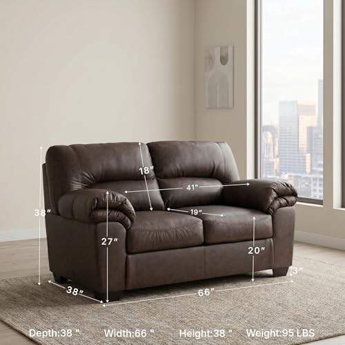 Image of Signature Design by Ashley Faux Leather Loveseat Sofa Couch, Umber Brown | No-assembly 66 in profile, Anti-sag platform foundation with jumbo stitching, WalkerPoint Series