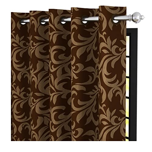 Image of Story@Home Bloom Collection Jacquard Lavish and Modern Rich Floral Print 4 Piece Eyelet Ring top Window Curtain for Bedroom and Hall - 5 Feet, Glozy Brown