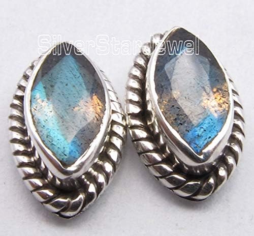 Cut Labradorite Earrings 0.4" Solid Sterling Silver Ladies Stone - Image 2