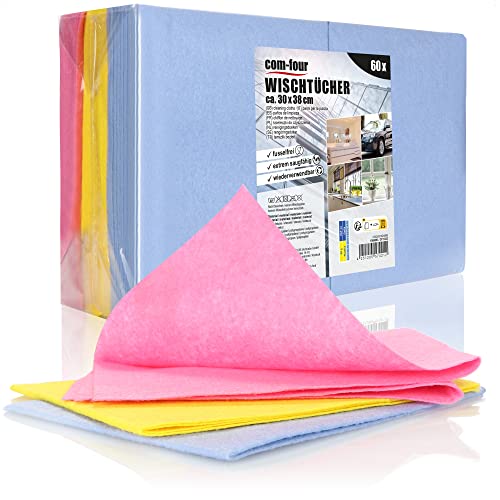 com-four® 60x Haushaltstücher - extrem saugfähige und strapazierbare Reinigungstücher aus Viskose - Allzweck-Wischtücher in 3 Farben - Wiederverwendbare Putztücher (30x38-60 Stück - 3 Farben)