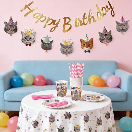 LAOREI Cat Birthday Decorations, 172PCS Cat Party Supplies Serves 24 Guests, Kitten Tableware Set Includes Tablecloth Plates Cups Forks Straws Napkins and Cake Toppers for Cats Themed Birthday Party by LAOREI - Image 6