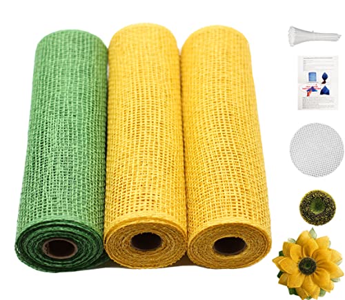 Tyoungg 3 Rolls Poly Burlap Deco Mesh for DIY Autumn Harvest Yellow Sunflower Wreath Sunflower Flower Center Included 10 Inches x 5 Yards (Yellow)