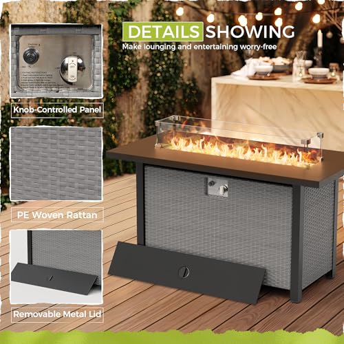 Crownland 8-Piece Outdoor Patio Furniture Sets with 45” Propane Gas Fire Pit Table, All-Weather Grey Wicker Rattan Sectional Sofa with Coffee Table(Grey)
