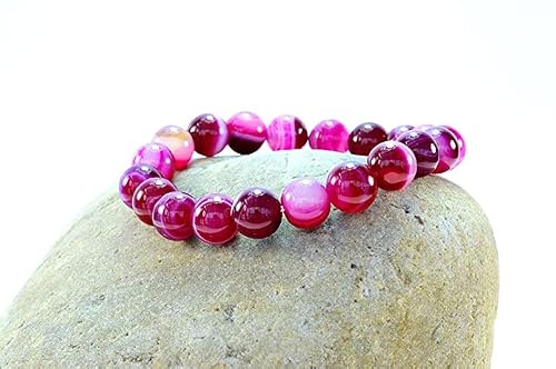 Purple Whale Botswana Agate Gemstone Precious Bracelet Women Men Unisex Adults’ Crystal Spiritual Tool Stone Round Beads Magenta Color Wristlet Armlet Stretchable Meditation Yoga Small Pink 7”-9” In Size #TOP2