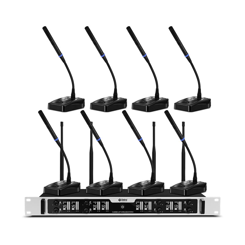 D Debra Sistema de Micrófono Inalámbrico 8 Canales DU8008 - Kit de 8 Micrófonos de Mesa para Conferencias, Salas de Reuniones y Seminarios, con Base Transmisora y Receptor Pantalla