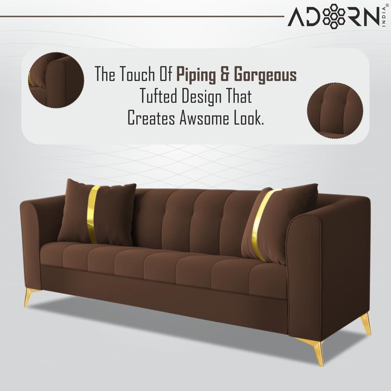 Image of Adorn India Premium Mystic - 3 Years Warranty - 3 Seater Sofa Velvet Suede Fabric - Brown