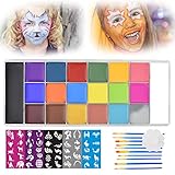 🌈 Pinturas Cara para Niños Set ~ Maquillaje Halloween Set incluye 20 colores para pintura facial y corporal, 10 pinceles, 5 plantillas de tatuajes diferentes y 1 paleta de colores en forma de flor. Los colores de pintura corporal coloridos, duraderos y duraderos satisfacen las necesidades de los pintores faciales profesionales y principiantes por igual.
