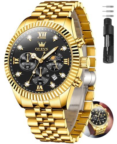 OLEVS Reloj para hombre, relojes clásicos de plata para hombre, resistente al agua, acero inoxidable, números romanos, fácil de leer, Banda dorada, cara negra-2932, Redondo, Reloj de negocios para