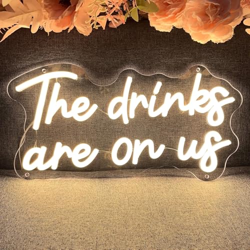 Image of The Drinks are On Us Neon Sign for Wall Decor Wedding Light Up Neon Sign Indoor Bedroom Home Decor LED Neon Signs Large Backdrop Flex Christmas Living Room Girls Boys Gift,USB Warm White 40x20.8 CM