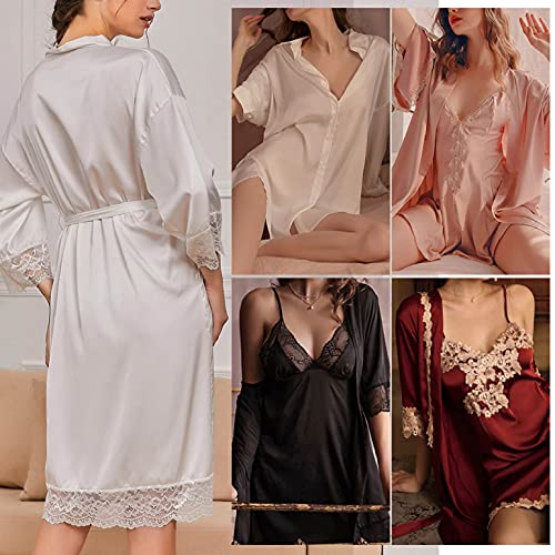 heekpek Womens Dressing Gown Satin Kimono Robe Lace Trim Bathrobe Nightgown Sexy Nightdress Nightwear Bridesmaid Robes, white, Size M - Image 4
