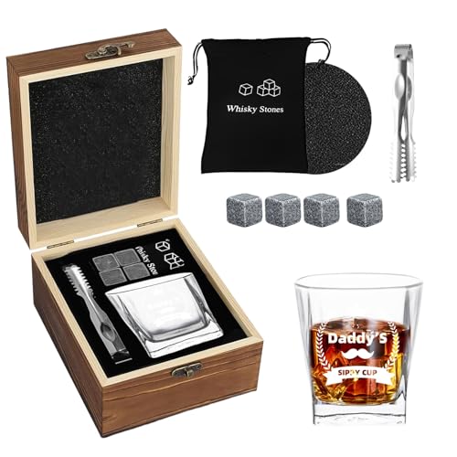 Juego de regalo de vasos de whisky, piedras de whisky y juego de regalo de vidrio para hombres de hija o hijo, vaso de whisky vintage en caja de madera de lujo con piedras de hielo, posavasos y clips