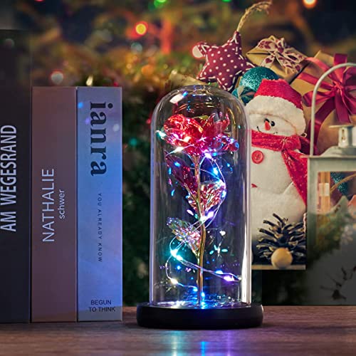 JIELISI Beauty and Beast Rose, Galaxy Flower Rose Colorful Gold Foil Rose and LED Light in Glass Dome, Unique Gifts for Women Birthday Christmas Thanksgiving Day Valentine's Day Anniversary (Red)