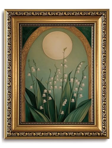 WZGZXU Vintage Gold Framed Wall Art Nouveau Botanical Wall Decor Lily Of The Valley Canvas Art Boho Pictures Floral And Moon Painting Moody Flowers Prints For Living Room Bedroom Bathroom