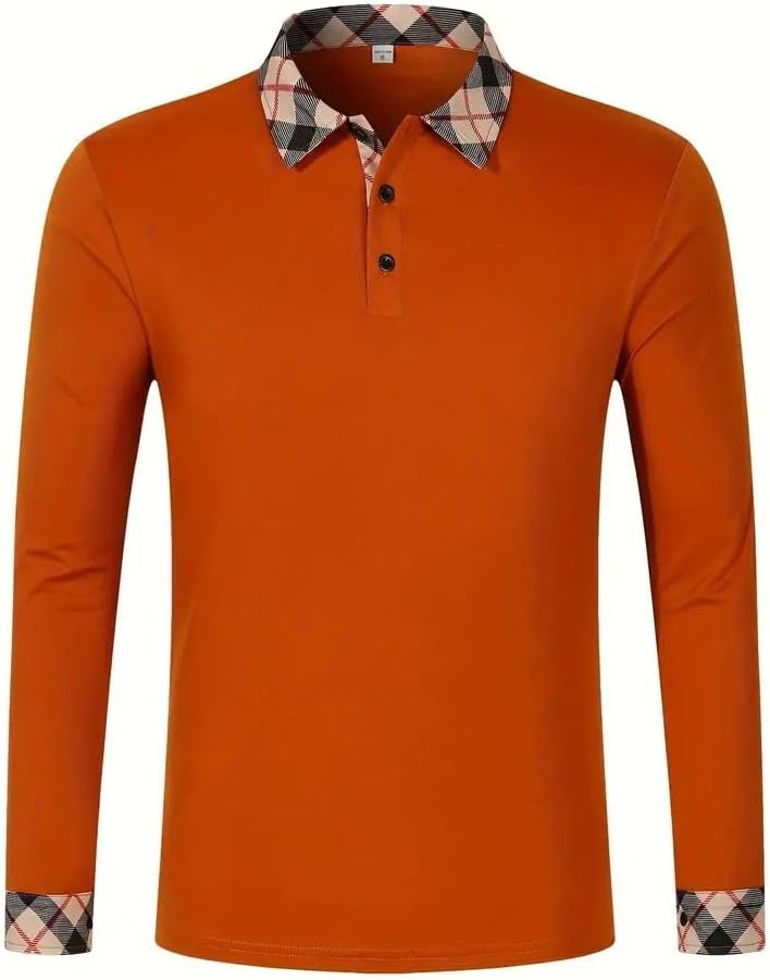Fashion Mens Athletic Long Sleeve Polo Shirts Business Regular Fit Golf Shirts Plaid Collared Tops with Button