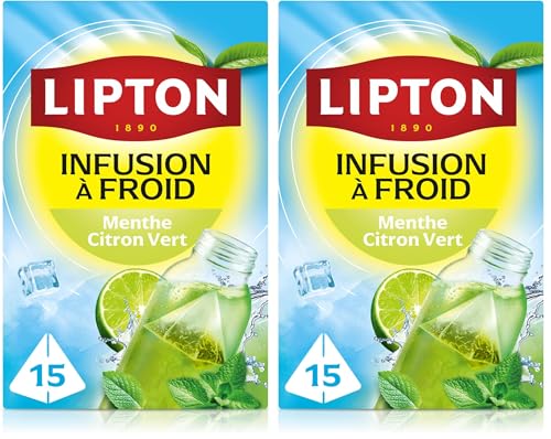 Lipton, Infuse à Froid, Infusion à Froid, Goût Citron & Menthe, Idéale pour le Thé Glacé, Ingrédients d'Origine 100% Naturelle, 15 Sachets Pyramid (Lot de 2)