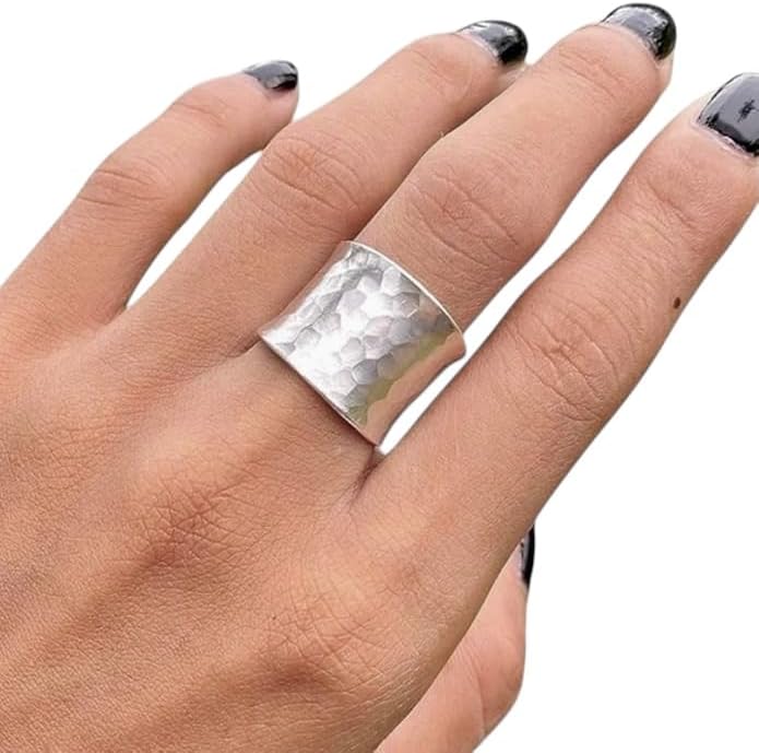 Hammered Sterling Silver Handmade Wide Band Ring, Classic Shiny Finish Wrap Band, Adjustable to Sizes 6-12, Can fit Also as Thumb ring, Gift for Her