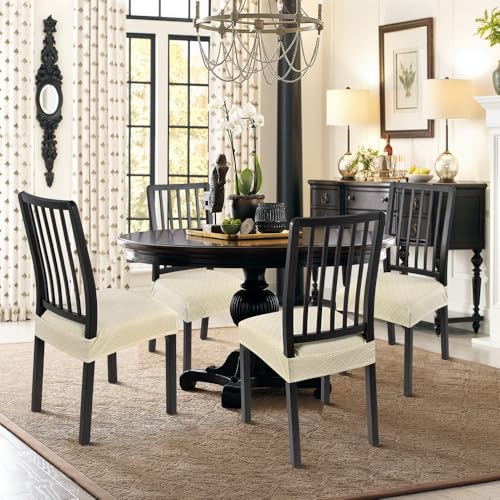 Image of SearchI Dining Chair Seat Covers Set of 4, Rear Covered, Check Beige