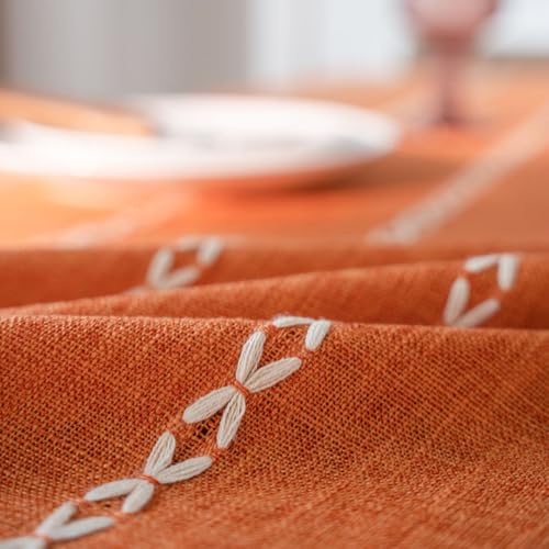 Nappe rectangulaire orange citrouille en lin de coton évidé pour décoration de table rose