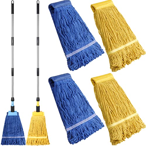 Gejoy 2 Sets Looped End Commercial Mop Heavy Duty Industrial Mop With 4 Mop Replacement Heads, Stainless Steel Pole, Iron Clamp Cotton Mops For Floor Cleaning, Dust, Wood Floor, Kitchen, Blue, Yellow #TOP19