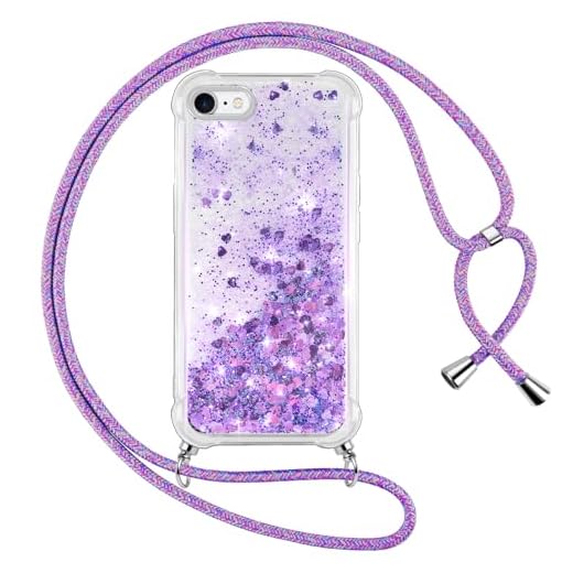 Vauki handyband für iPhone 6/iPhone 6s Hülle mit Band, Silikon Durchsichtig Transparent Flüssig Glitzer mit Kette Kordel Treibsand Necklace TPU Schutzhülle Case für iPhone 6S, Lila
