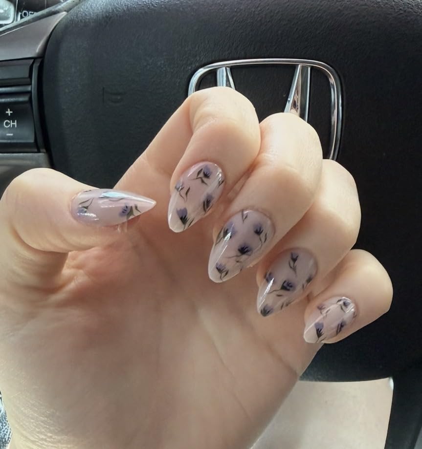 MAOTTIE Short Press On Almond Fake Nails - Flower Acrylic Fall Nails Press Ons Full Cover Glue On Cute False Floral Stick On Nails for Women - 30 Pcs