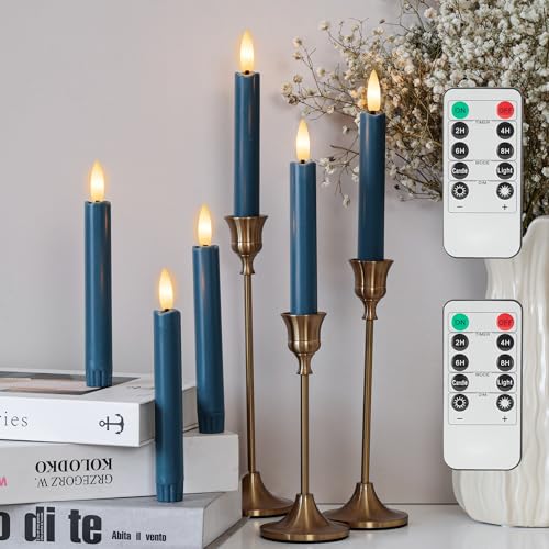 Image of Blue Flameless Taper Candles with Remote, Short Battery Operated LED Candles, 6.4inch Flickering Flameless Candlesticks for Table Centerpiece, Wedding, Mantel, Window Decor, Set of 6