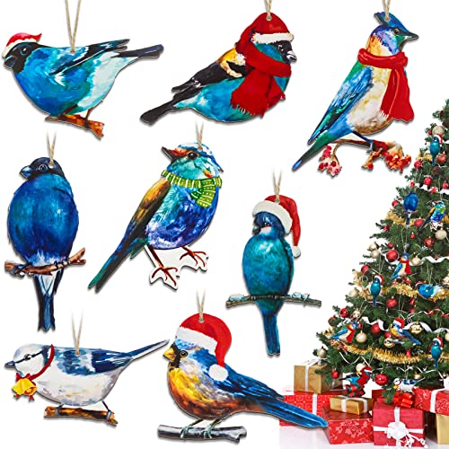 Spiareal 32 Pieces Cardinal Christmas Tree Ornaments Blue Bird Wood Hanging Ornaments With A Santa Hat Red Scarf Ornaments Christmas Blue Bird Wooden Hanging Sign Gift Tags For Xmas Tree Wreath Decor #TOP16