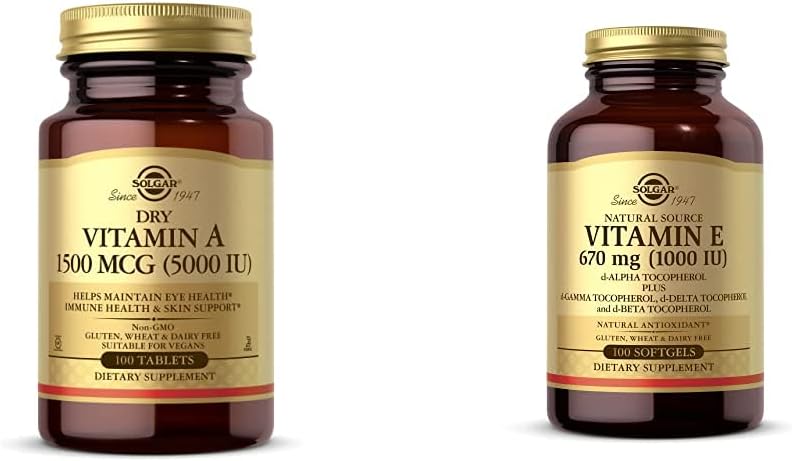 Solgar Dry Vitamin A 1500 mcg (5000 IU), 100 Tablets - Supports Healthy Eyes, Skin & Immune System - with Vitamin E 670 mg (1000 IU), 100 Mixed Softgels - Natural Antioxidant, Skin & Immune System Su