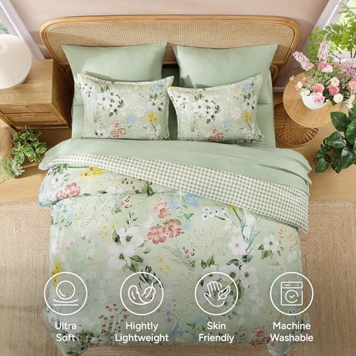 Image of Andency Twin 5 Piece Reversible Comforter Set, Floral Gingham Bedding,Sage