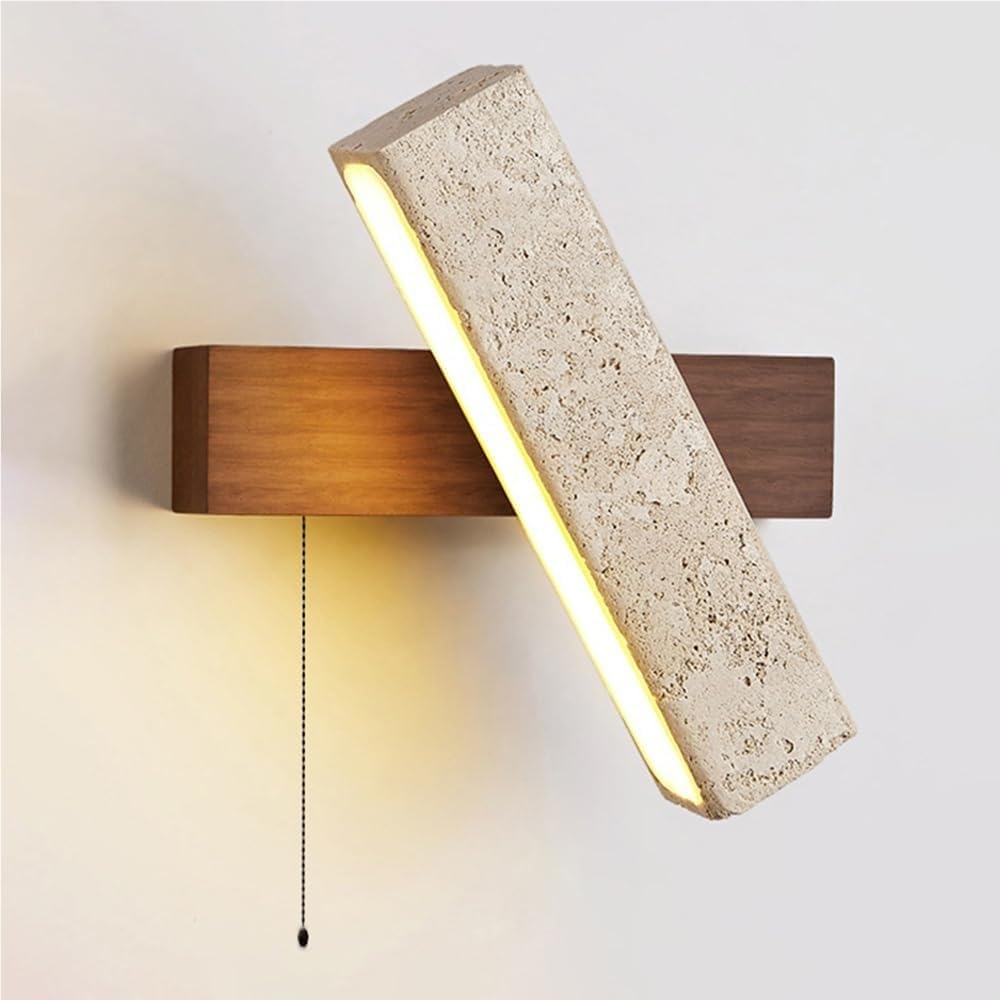 SXECAEPS Japanese Rotatable Wood Wabi-Sabi Wall Sconce 7W Travertine Lamp Pull Chain Switch Hardwired 3000K Wall-Mounted Light for Living Room Bedroom Dining Hallway(Marrone)