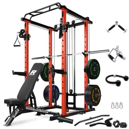 RitFit Squat Rack Power Cage Home Gym Package, Includes 1000LBS Power Rack with Cable Crossover System, Weight Bench, Weight Plate Set with Olympic Barbell (Package 1.6K (Bumper Plate 230LBS))-Orange