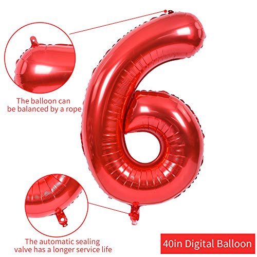 Image of TONIFUL 40 Inch Red Number 6 Balloons Large Foil 6th Birthday Decorations | Red 6 Balloon Number Six for 6th 16th 26th 36th 60th Birthday 6 Year Anniversary, Red Birthday Decor for Men Women Boys Girls