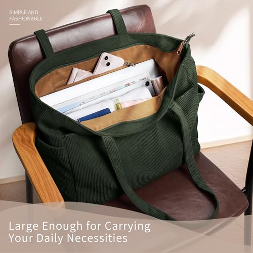 Image of WLLWOO Large Corduroy Tote Bag Women Anti Splash Zipper Casual Hobo Shoulder Handbag for Daily Travel Work 15.6 inch-16 inch | Large
