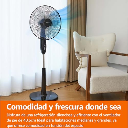 Amazon Basics Ventilador de Pie 40 cm con Mando a Distancia, para Dormitorio, Salón, Oficina, 3 Velocidades, 3 Modos, Temporizador, Aspas de Doble Capa, Altura Ajustable,Cabezal Inclinable, 60W, Negro - imagen 5