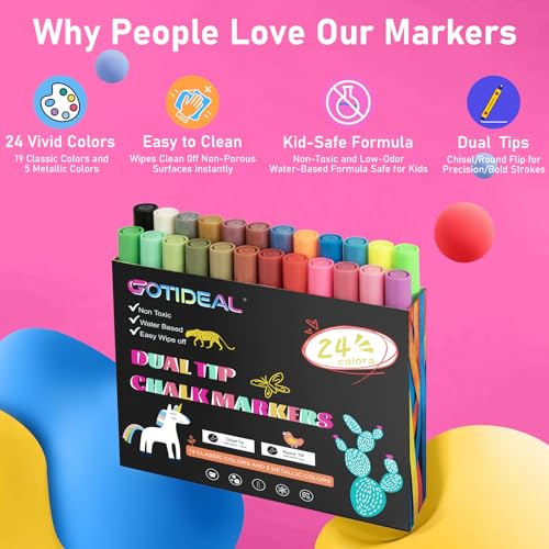 Image of GOTIDEAL Chalk Markers Dual Tips,Erasable Liquid Chalk Marker for Blackboard,Washable Chalk Pens for Auto,Car,Glass,Mirror,Chalkboard,Window markers,24 Colors Chalk Board Markers with Metallic Colors