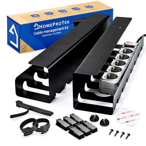 HOMEPROTEK Under Desk Cable Management Tray, Drill or No Drill Complete Desk Cord Organizer Kit for Desk Wire Management, 2 Pack 17" Black Cable Trays 2 Cable Holders 6 Cable Clips 10 Cable Straps