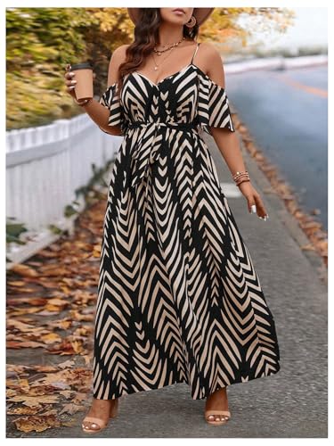Image of Floerns Women's Plus Size Cold Shoulder Short Sleeve Split Thigh Long Dress