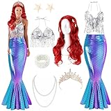 Croknit 8 Pcs Mermaid Costume for Women Halloween Costumes Sparkly Sequins Top Mermaid Skirt Wig Princesses Dress for Adults(Bright Purple,Small)