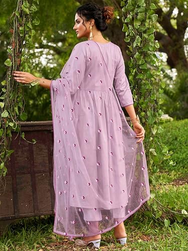 Image of TRENDMALLS Women's Chanderi Silk Embroidery Work Salwar Suit Set Kurta Pant with Dupatta For Women