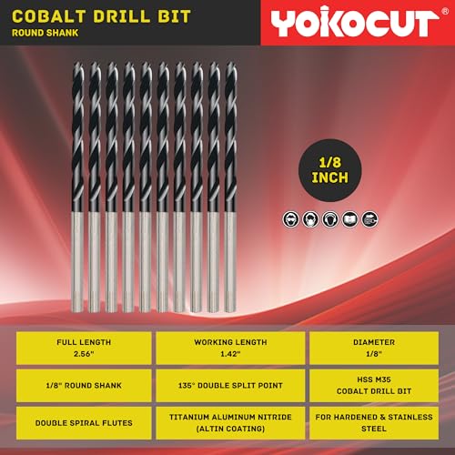 1/8 Inch Cobalt Drill Bit 10PCS | High Speed Steel | Drill Bit for Stainless Steel and Hardened Metal | HSS M35 Titanium Aluminum Nitride Coating by YOKOCUT - Used condition - Image 3