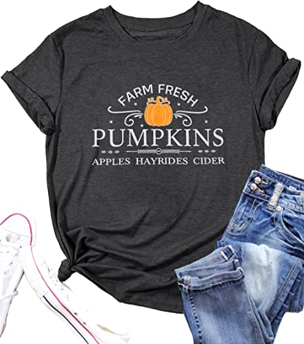 Pumpkin Shirt Women Farm Fresh Shirt Pumpkins Graphic Tees Causal Letter Printed T-Shirt Halloween Fall Blouse