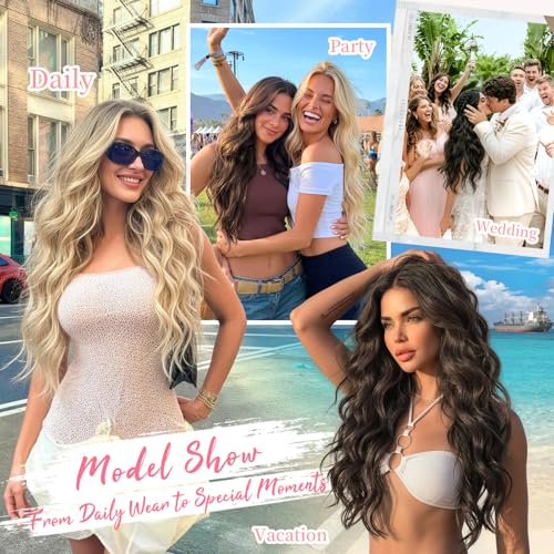 Image of KooKaStyle Wavy Thick Clip in Hair Extensions 24 inch Natural Black Pink | Natural Volume & Seamless, 4 Pieces Clip in Extensions,Fiber Double Weft Hairpieces,Wave Long Synthetic Hairpiece for Women