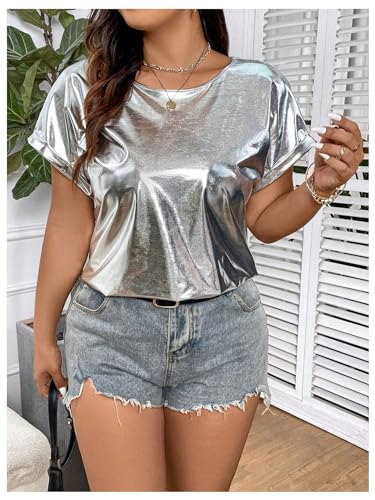 OYOANGLE Women's Plus Size Metallic Short Sleeve T-Shirts Crew Neck Tees Party Clubwear Tops4